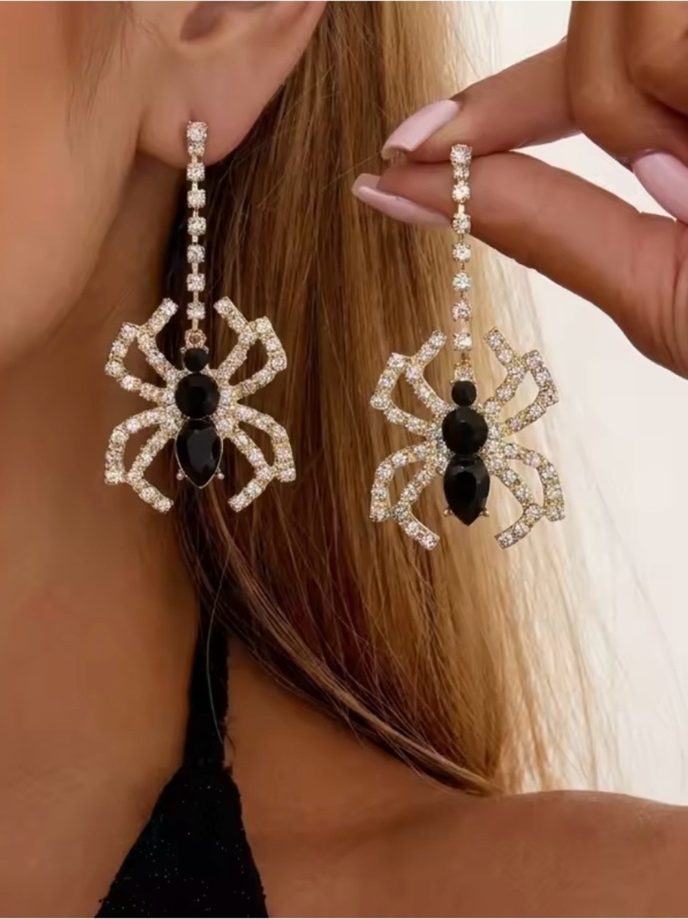 Gold Crystal Spider Drop Earrings with Black Stones